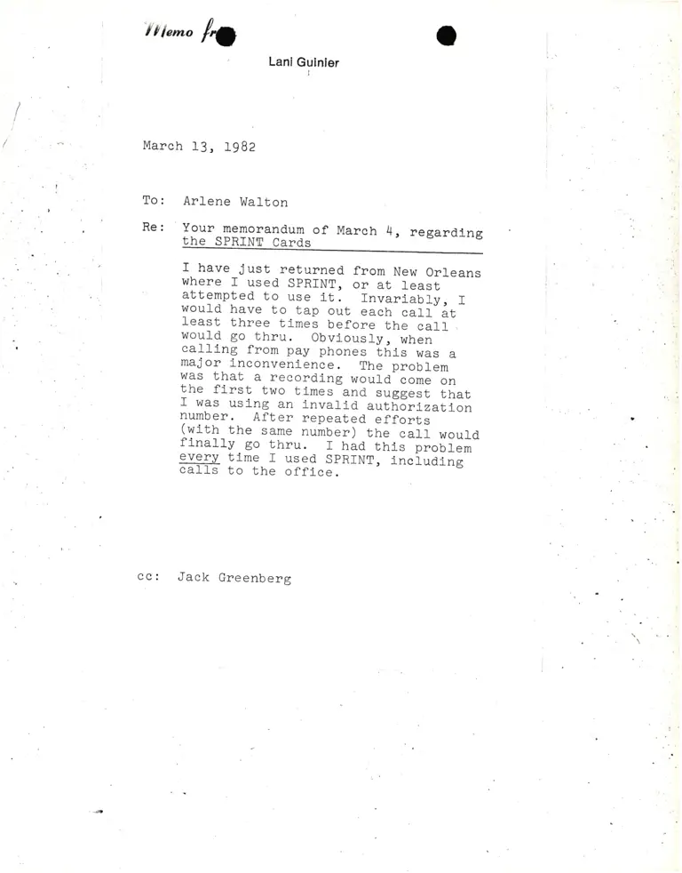 Memorandum from Lani Guinier to Arlene Walton Re: Your Memorandum of March 4, Regarding the SPRINT Cards preview