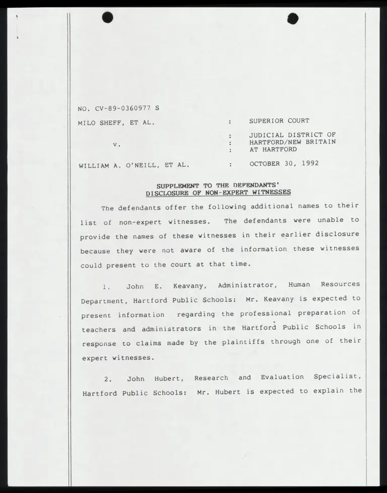 Supplement to the Defendants' Disclosure of Non-Expert Witnesses preview