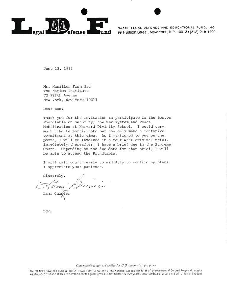 Correspondence from Lani Guinier to Hamilton Fish 3rd (The Nation Institute) preview