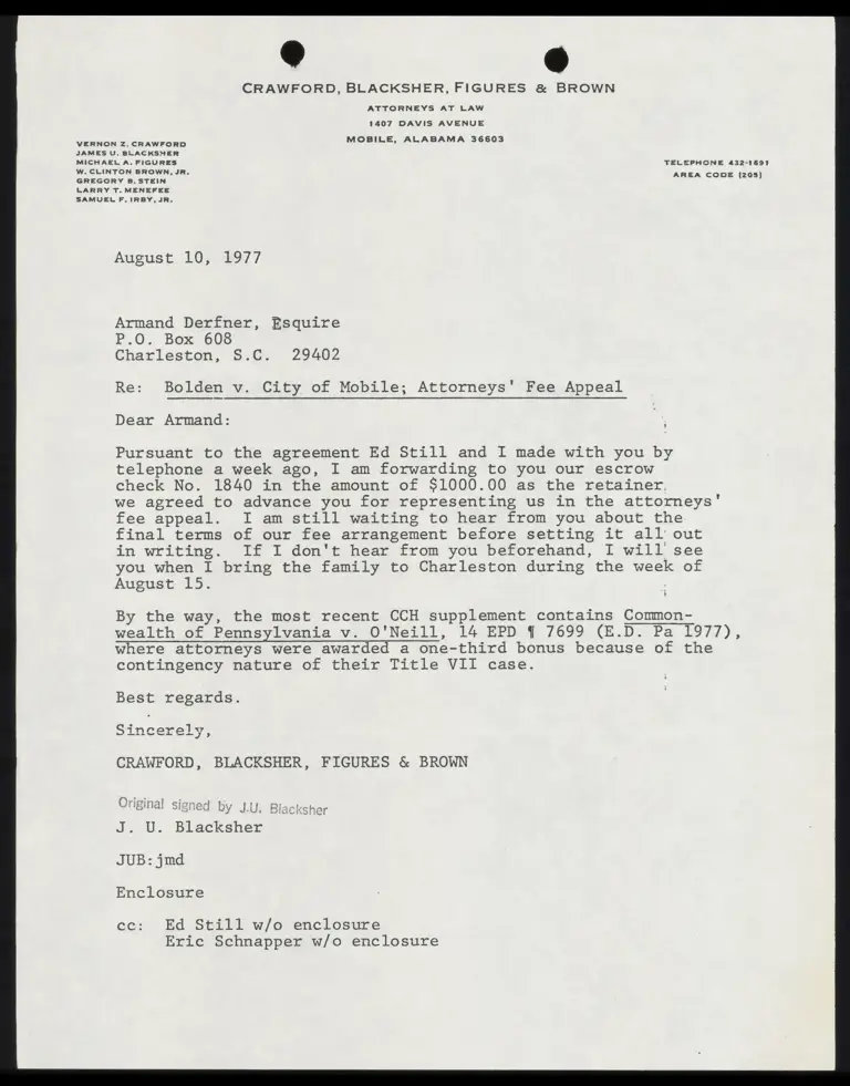 Letter to Derfner from Blacksher RE: Attorney's Fees preview