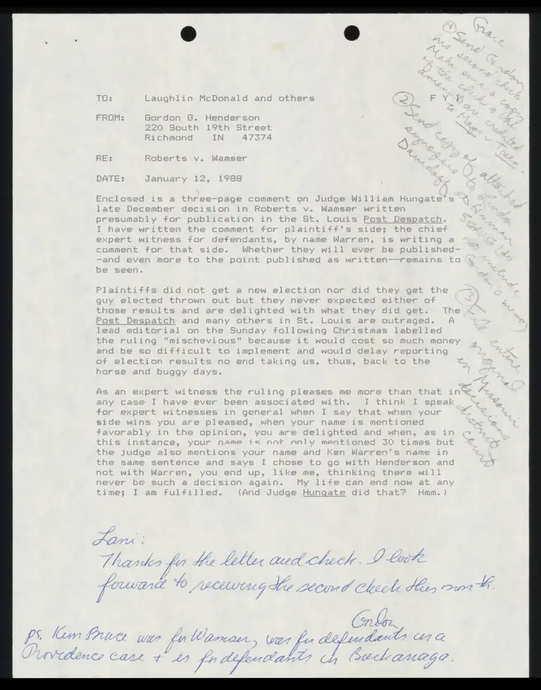 Correspondence from Henderson to McDonald Re Roberts v. Wamser preview