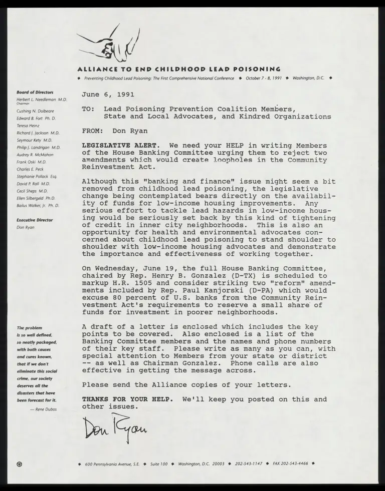 Correspondence from Ryan to Lead Poisoning Prevention Coalition Members Re: Letter Writing Campaign preview