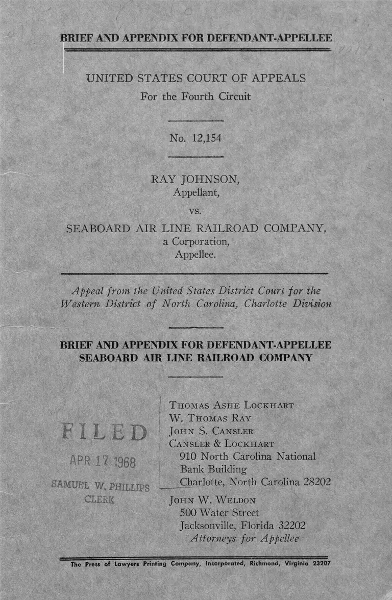 Johnson v. Seaboard Air Line Railroad Company Brief and Appendix for Defendant-Appellee preview