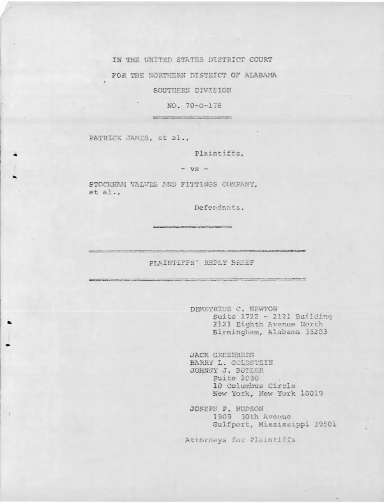 James v. Stockham Valves & Fittings Company Plaintiffs' Reply Brief preview