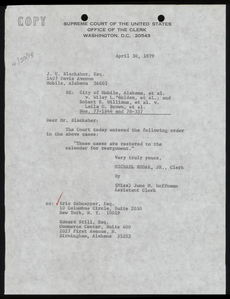 Correspondence from Clerk to Blacksher preview