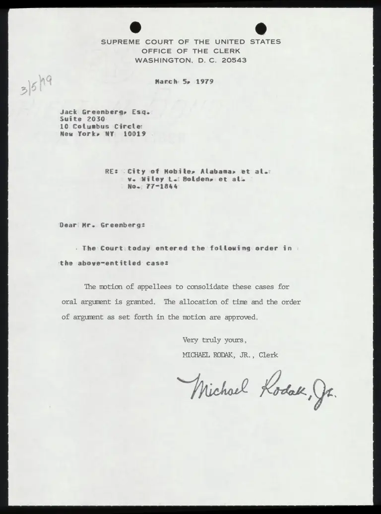 Correspondence from Clerk to Greenberg preview