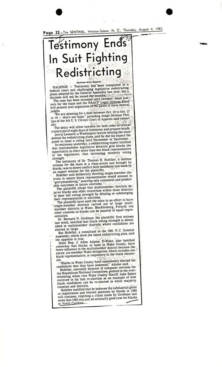 Testimony Ends In Suit Fighting Redistricting (Winston Salem Sentinel) preview
