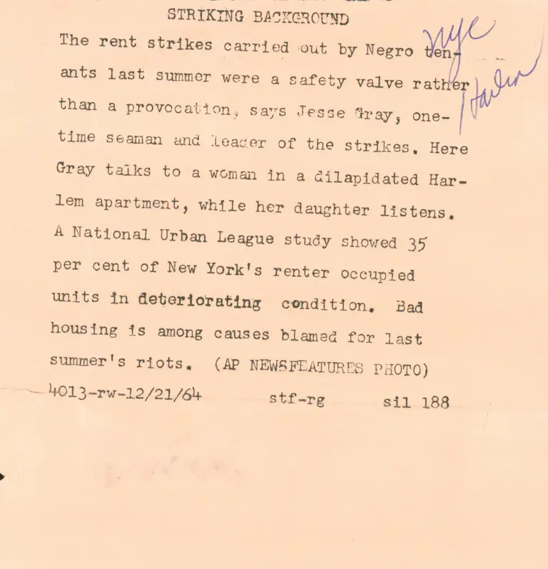 New York City; Harlem Rent Strikes, 1964 (back) preview