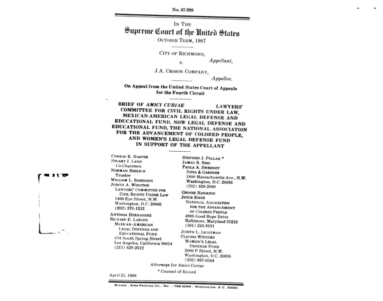 Richmond v JA Croson Company Brief of Amici Curiae in Support of Appellant preview