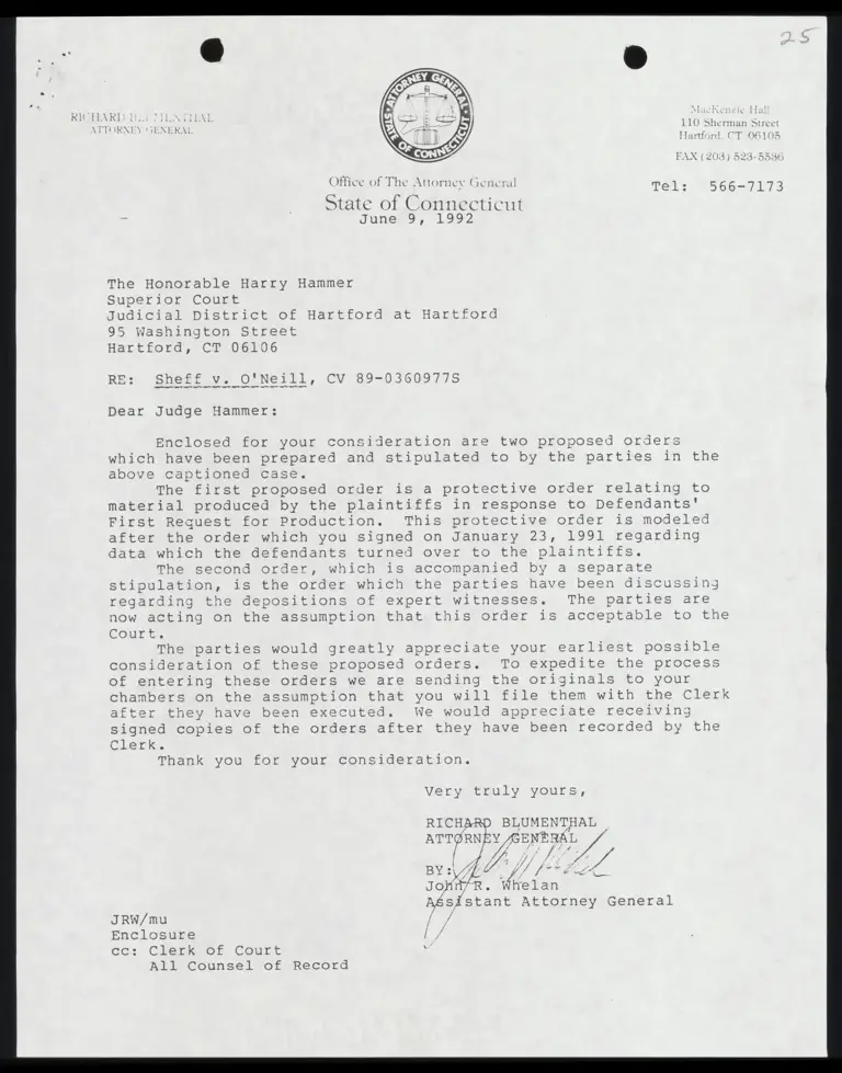 Letter from AG Blumenthal to Hon. Judge Hammer RE: Protective Order and Stipulation preview
