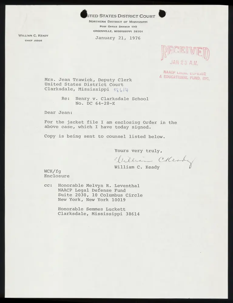 Correspondence from Judge Keady to Clerk Re: Order for Dismissal preview