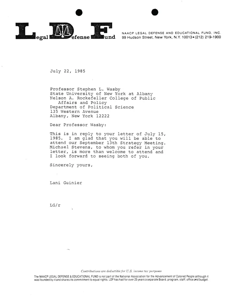 Correspondence from Lani Guinier to Prof. Stephen L. Wasby (State University of New York at Albany) preview