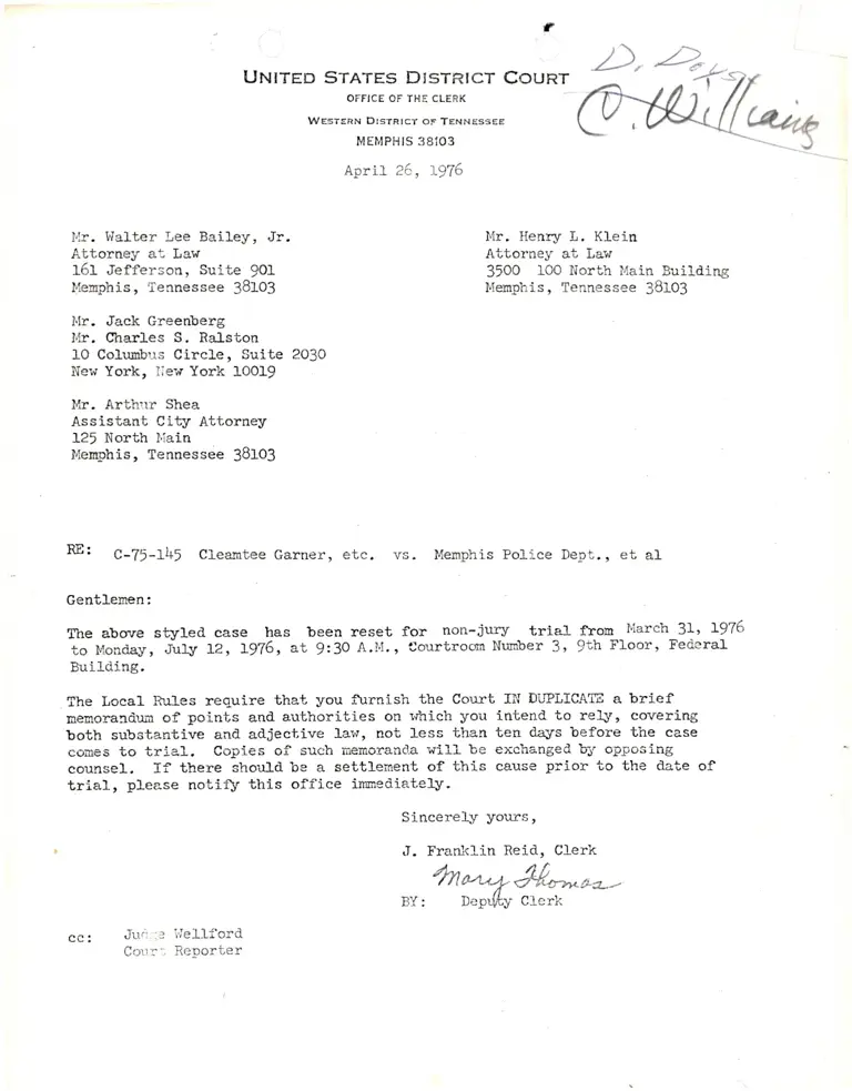 Correspondence from Clerk J. Franklin Reid to Walter Lee Bailey Jr. Requesting Memo preview