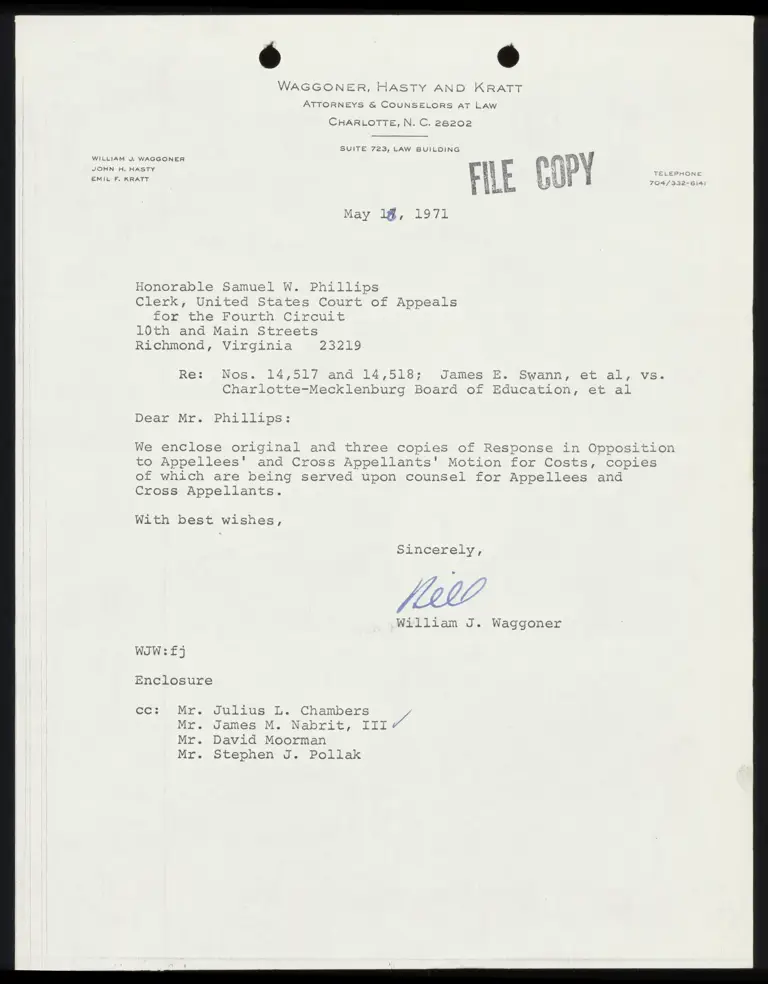 Correspondence from Waggoner to Clerk Re: Response in Opposition to Motion for Costs preview