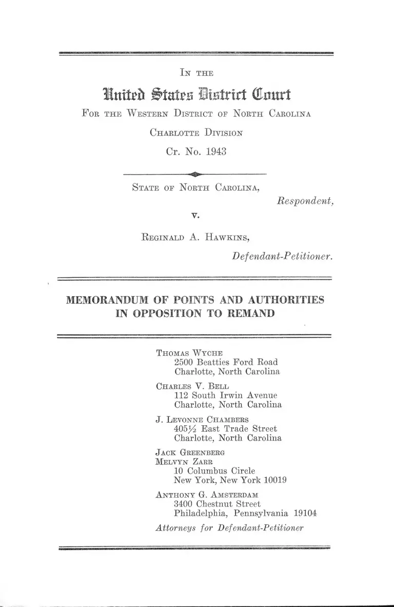 North Carolina v. Hawkins Memorandum of Points and Authorities in Opposition to Remand preview
