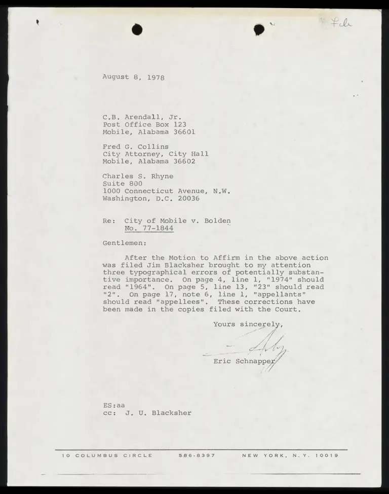 Correspondence from Schnapper to Arendall, Collins, and Rhyne preview