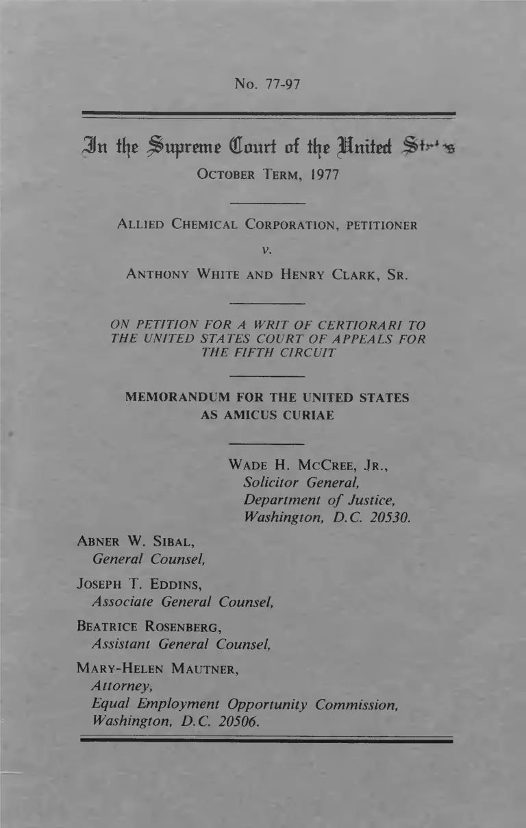 Allied Chemical Corporation v. White Memorandum for the United States as Amicus Curiae preview