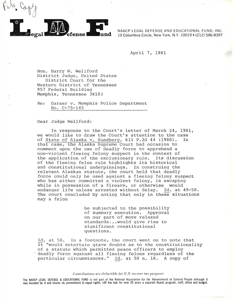 Correspondence from Winter to Judge Wellford Re: Alaska v. Sundberg Court Opinion preview