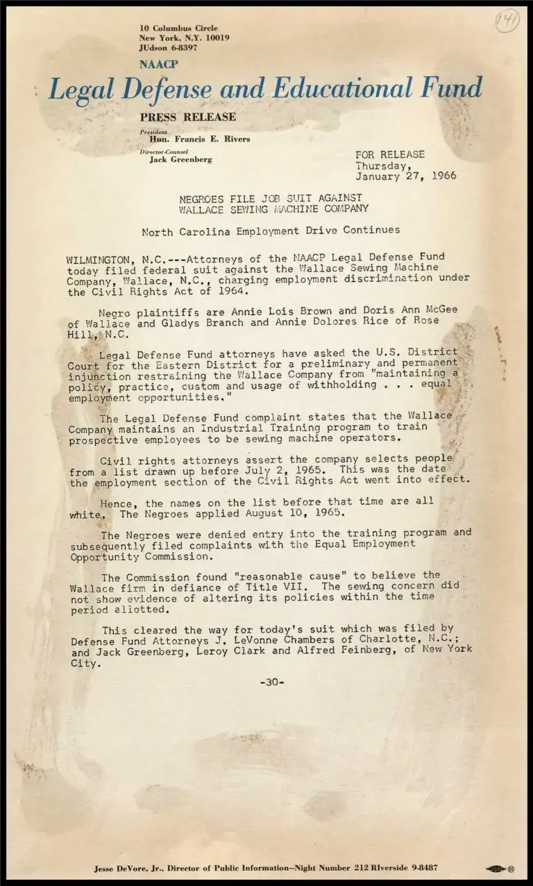 Negroes File Job Suit Against Wallace Sewing Company preview