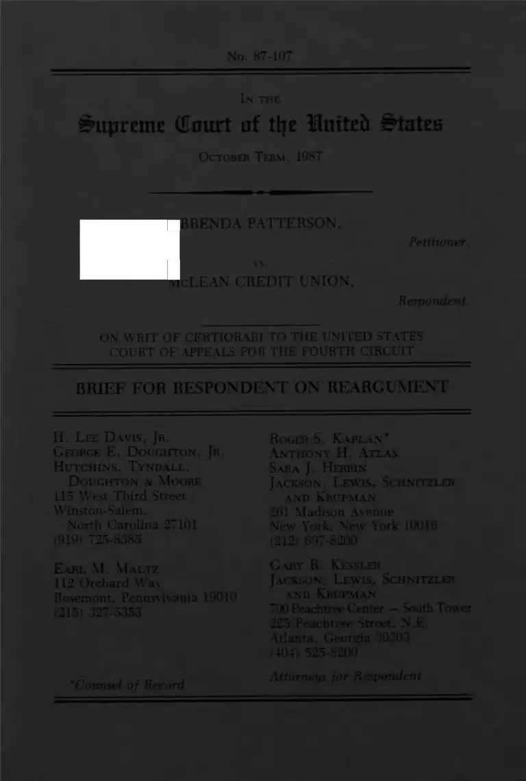 Patterson v. McLean Credit Union Brief for Respondent on Reargument preview
