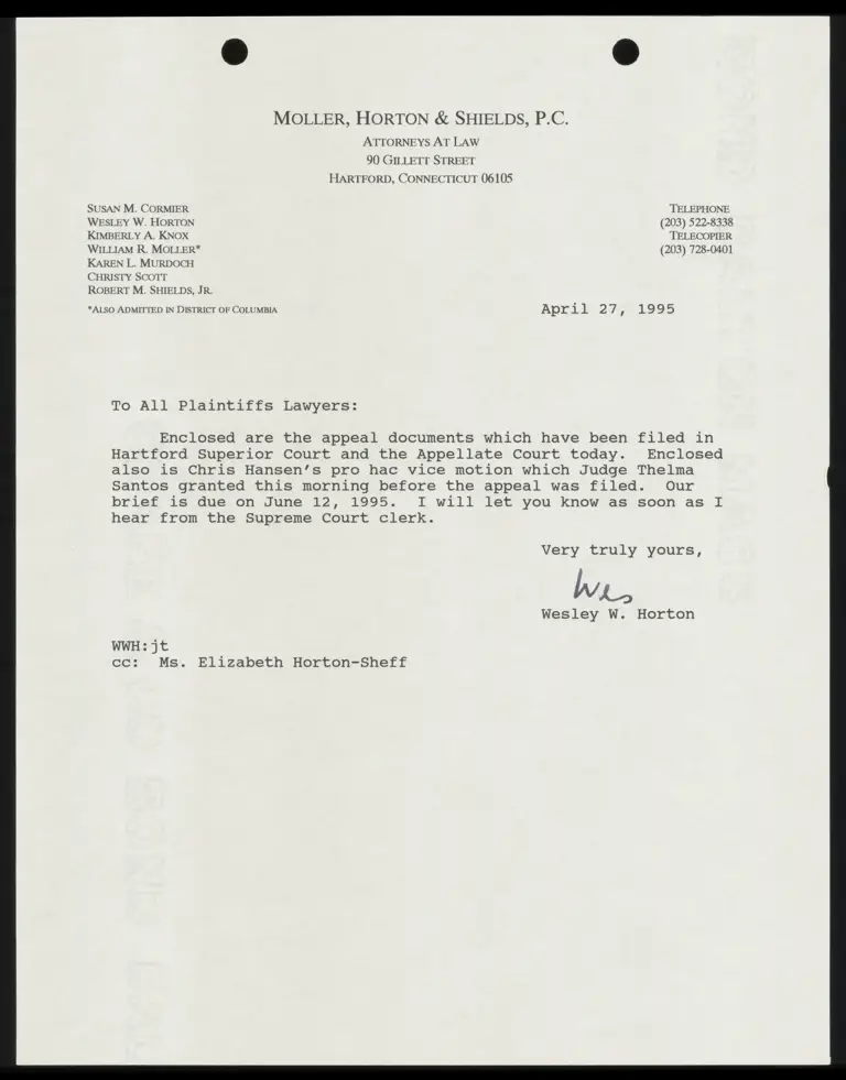 Correspondence from Horton to Counsel with Filed Appeal Documents preview