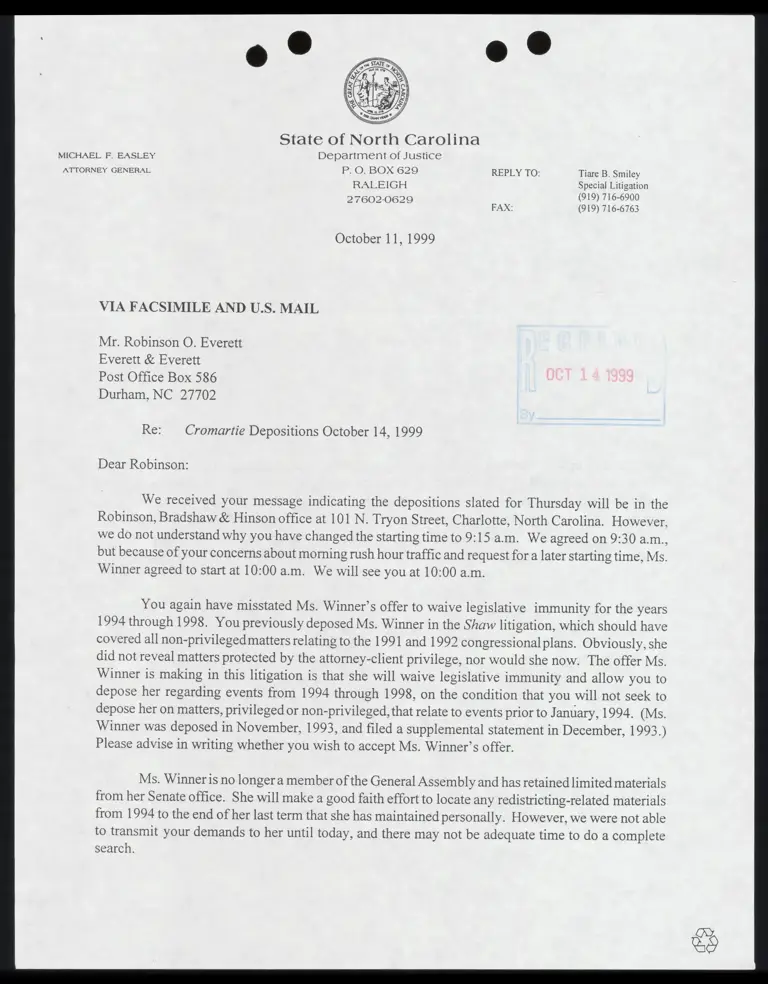 Letter to Everett from Smiley RE Cromartie Depositions preview