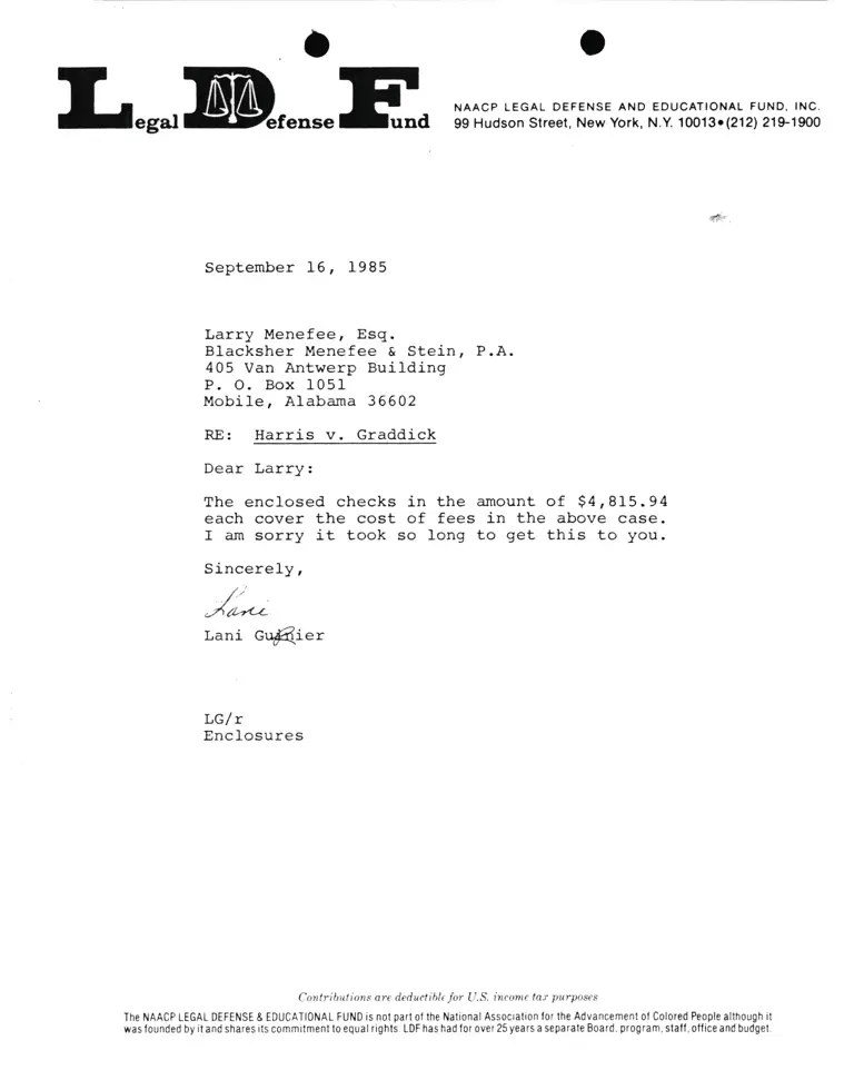 Correspondence from Lani Guinier to Larry Menefee, Esq. Re Harris v. Graddick preview