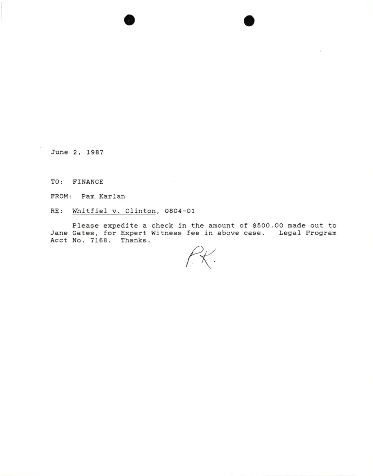 Correspondence from Pamela Karlan to Finance Re Whitfield v. Clinton preview