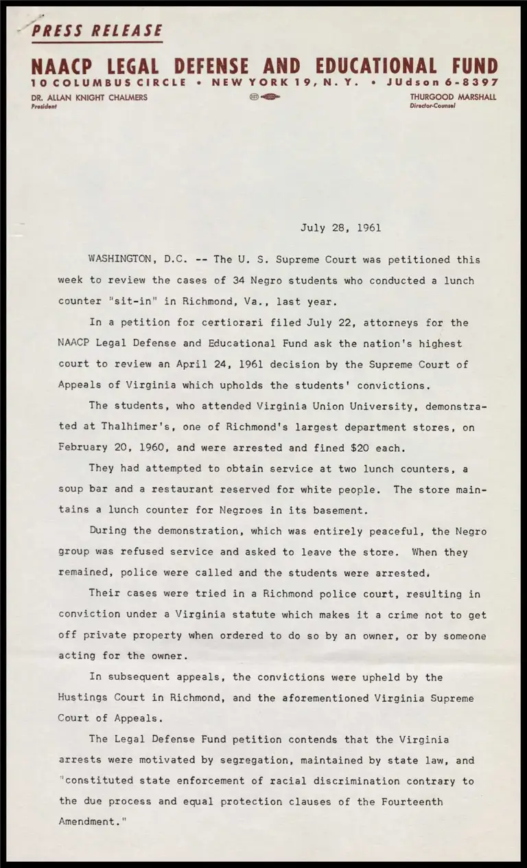 The U.S. Supreme Court was petitioned this week to review the cases of 34 Negro students… preview