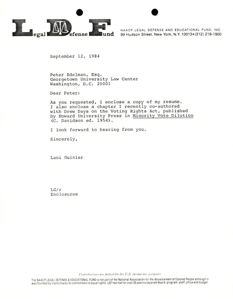 Letter from Lani Guinier to Peter Edelman RE Resume preview