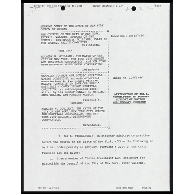 Affirmation of Ira Finkelstein in Further Support of Motion for Summary Judgment preview