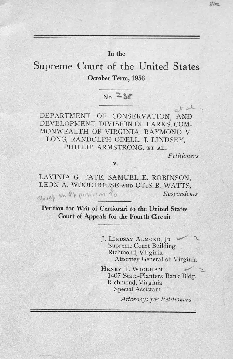 Department of Conservation and Development v. Tate Petition for Writ of Certiorari to the US Court of Appeals for the Fourth Circuit preview