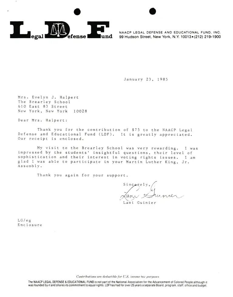Correspondence from Lani Guinier to Evelyn J. Halpert (The Brearley School) preview