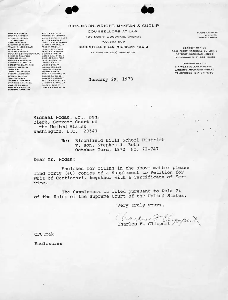 Letter from Clippert to Rodak RE: Supplement to Petition for Writ of Certiorari with Certificate of Service preview