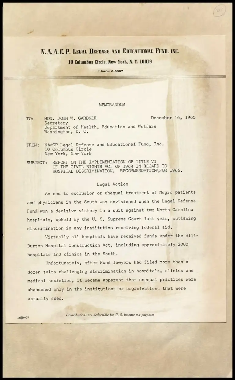 Report on the Implementation of Title VI of the Civil Rights Act of 1964 in Regard to Hospital Discrimination - Recommendations for 1966 preview