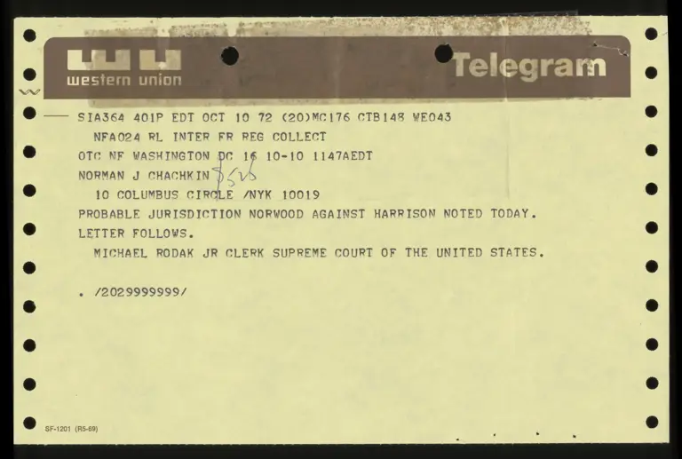 Telegram from Clerk to Chachkin Re: Probable jurisdiction; Correspondence from Nabrit to Leventhal; Affidavit in Support of Motion for Award of Attorney's Fees preview