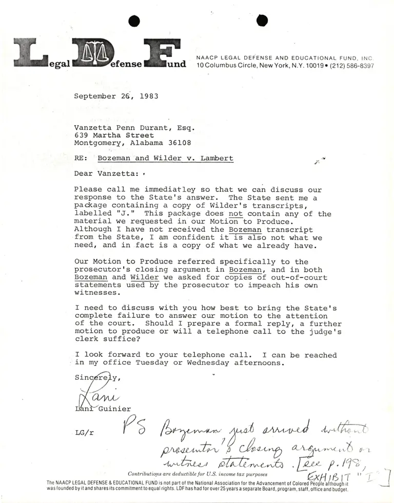Correspondence from Lani Guinier to Vanzetta Penn Durant, Esq. RE: Bozeman and Wilder v. Lambert preview