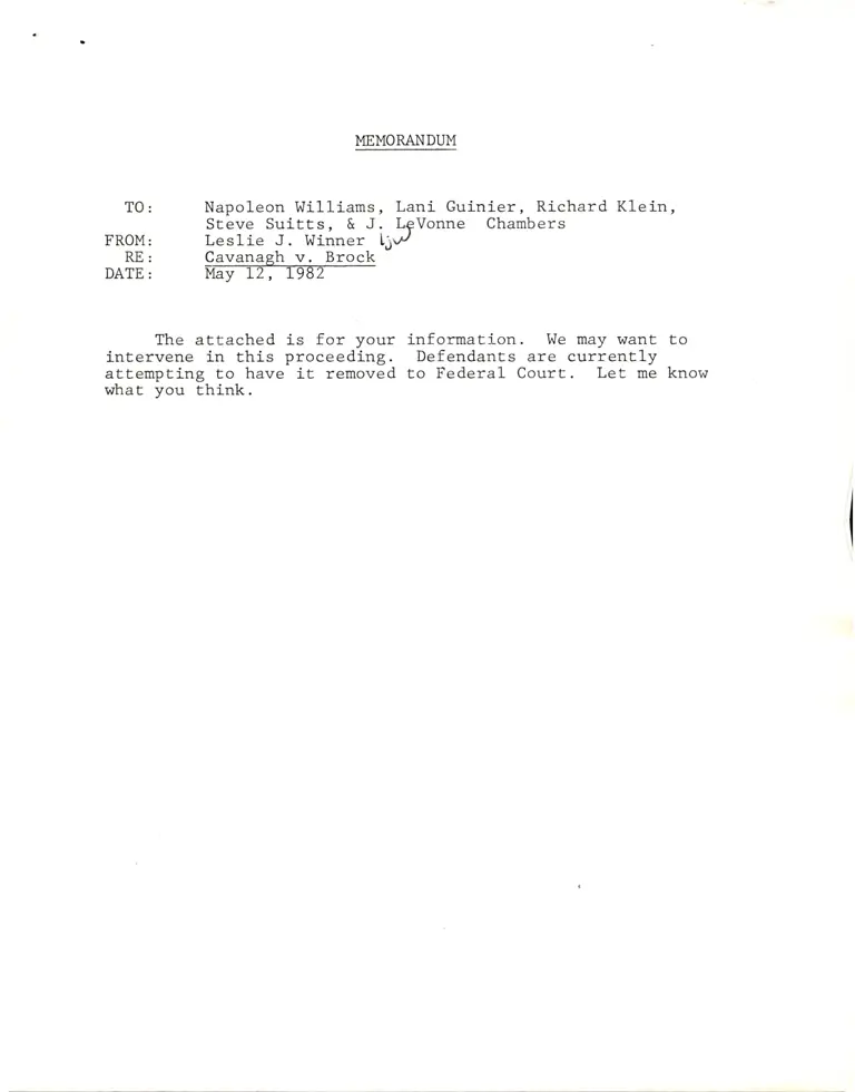 Memorandum from Winner to Williams, Guinier, Klein, Suitts, and Chambers; Petition for Declaratory Judgment and Application for Injunction preview