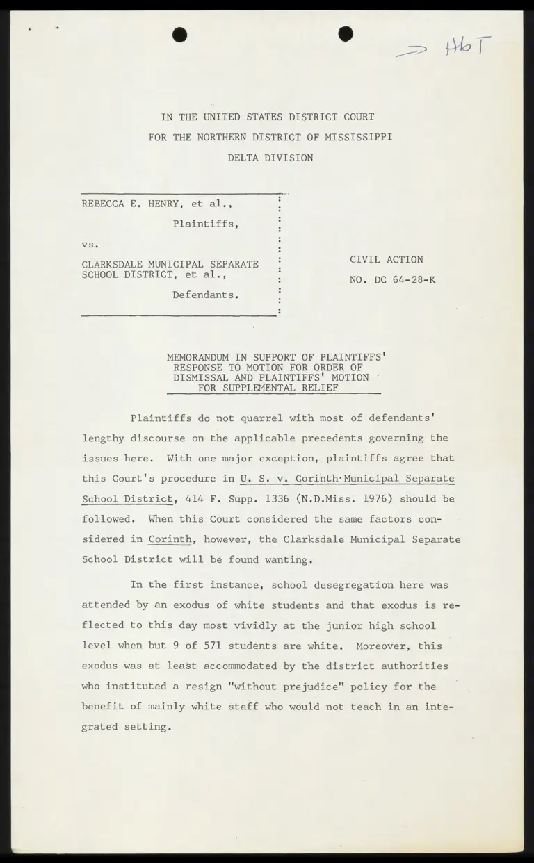 Memorandum in Support of Plaintiffs' Response to Motion for Order of Dismissal and Plaintiffs' Motion for Supplemental Relief preview