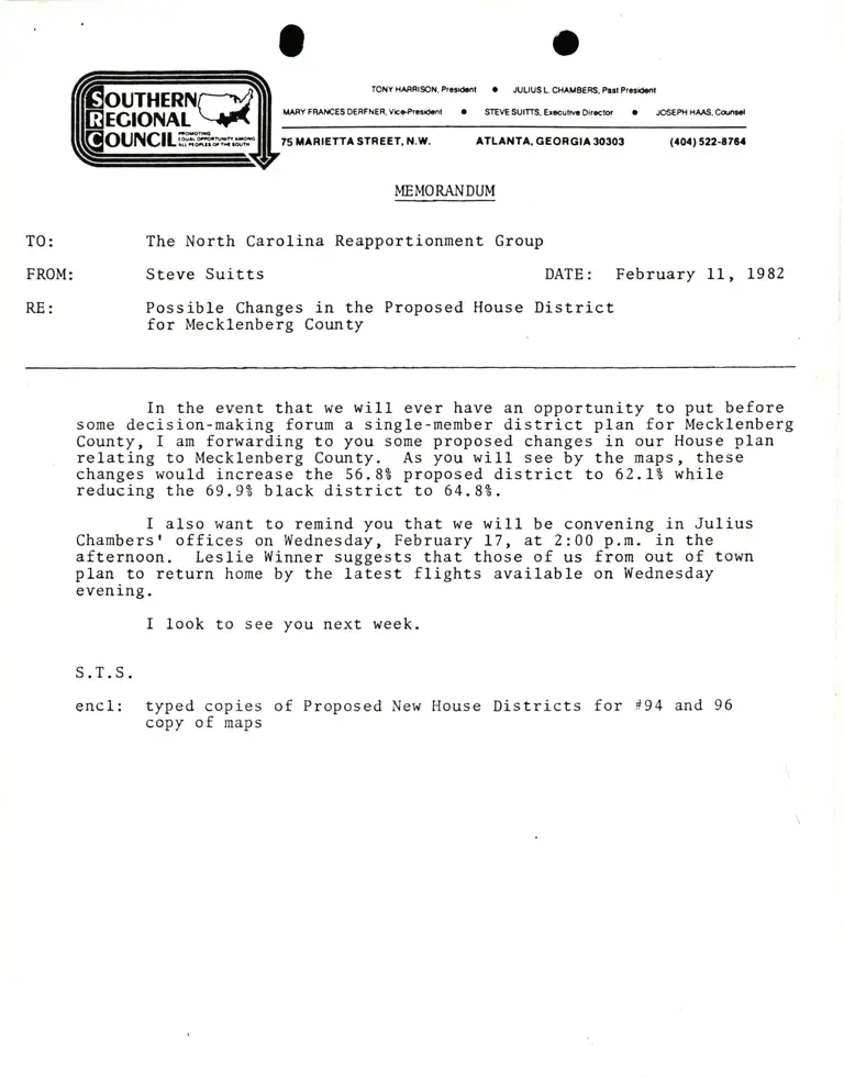 Memorandum from Suitts to North Carolina Reapportionment Group preview