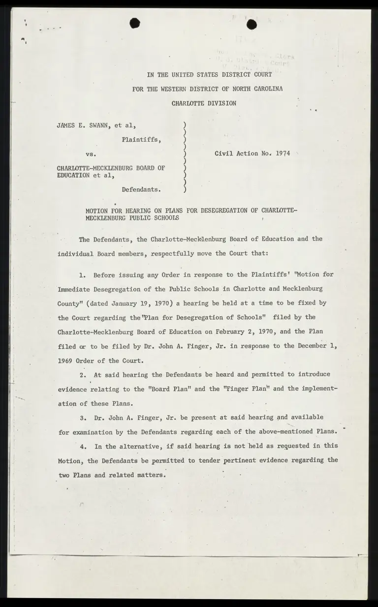 Motion for Hearing on Plans for Desegregation of Charlotte-Mecklenburg Public Schools preview