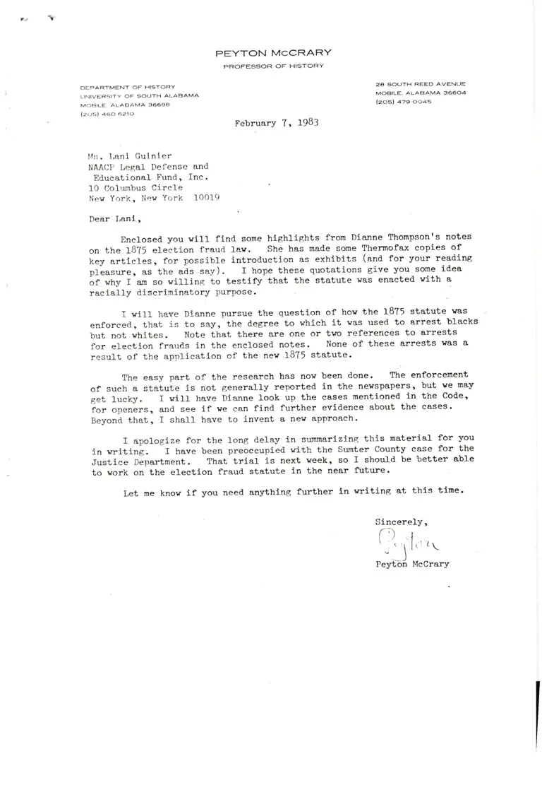 Correspondence from McCrary to Guinier preview
