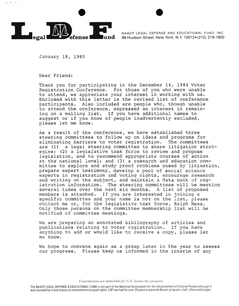 Correspondence from Lani Guinier to Participants of the Dec 14, 1984 Voter Registration Conference preview