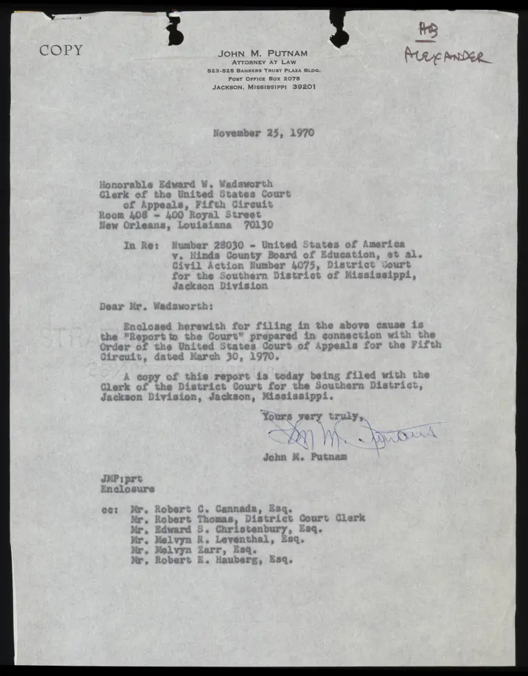Correspondence from Putnam to Clerk preview