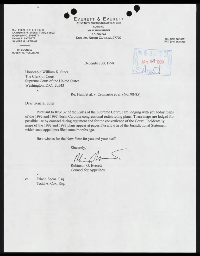 Letter From Everett to Court RE Copies of the 1992 and 1997 North Carolina Congressional Redistricting Maps preview