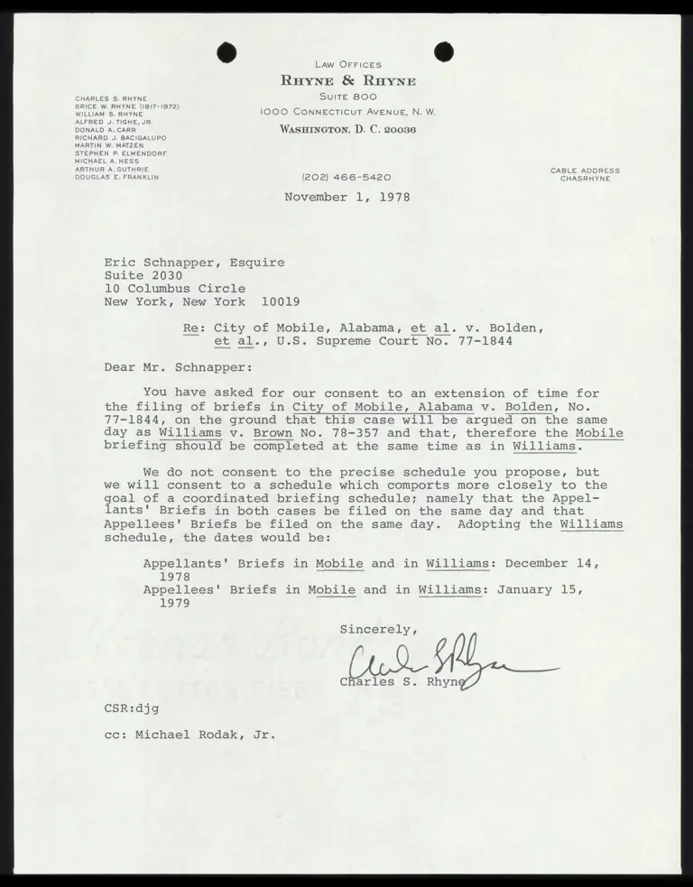 Correspondence from Rhyne to Schnapper preview
