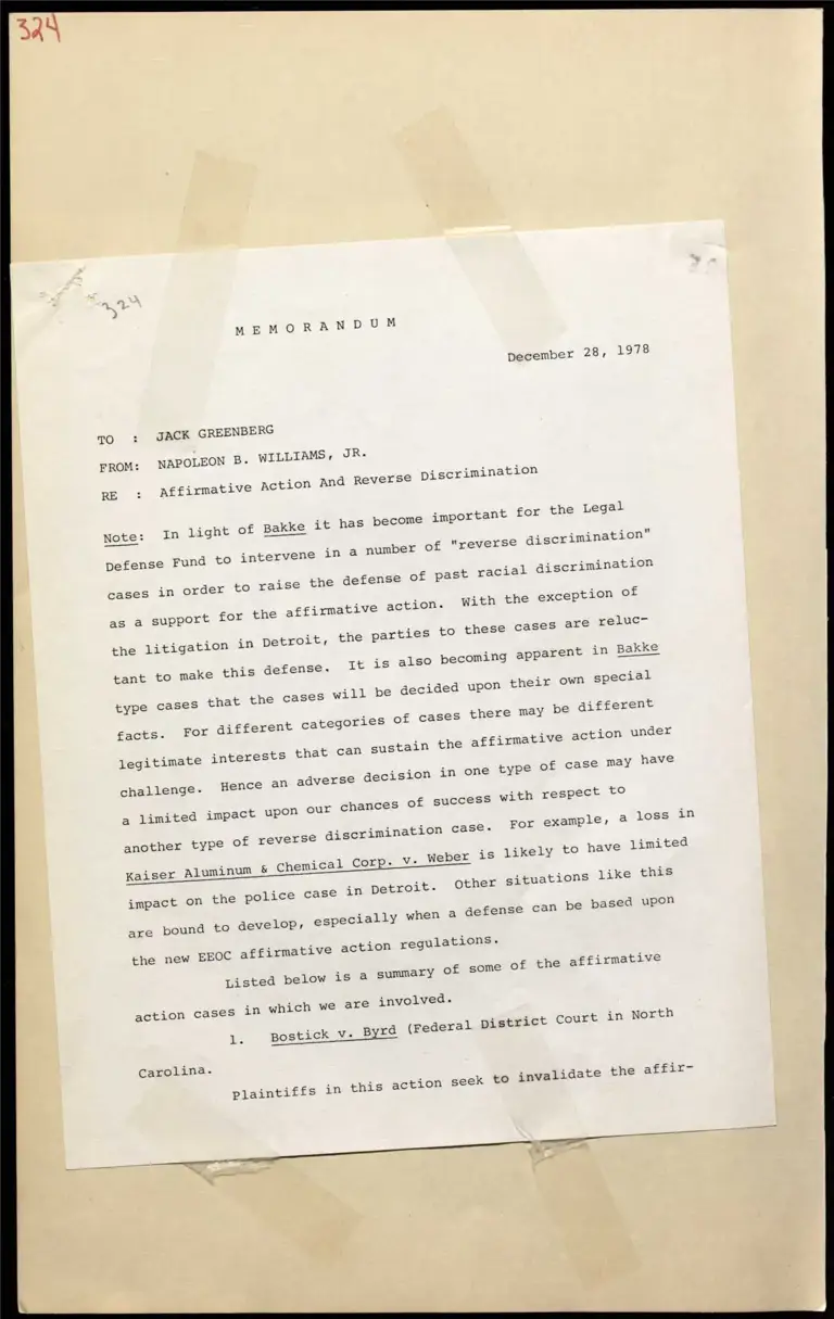 Memorandum on Involvement in Affirmative Action Cases Post-Bakke preview