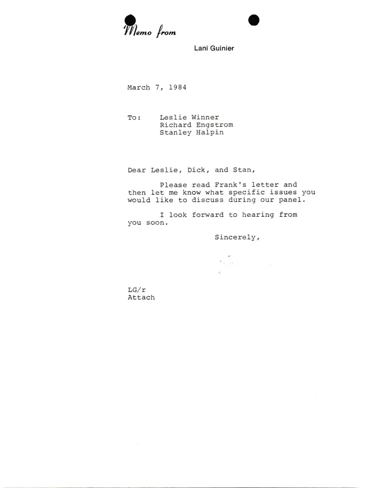 Memo from Lani Guinier Re: Panel discusssion preview