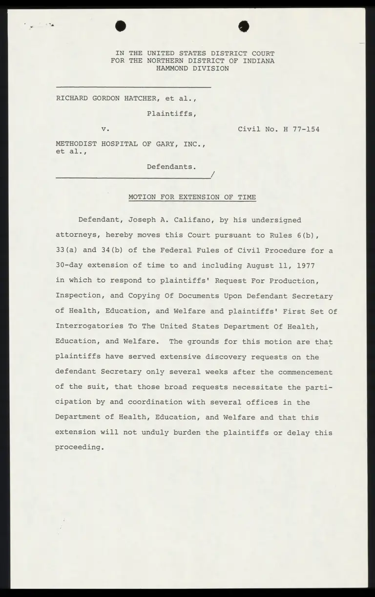 Motion for Extension of Time; Memorandum of Points and Authorities in Support of Motion for Extension of Time; Order preview