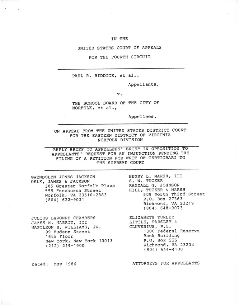 Riddick v The School Board of the City of Norfolk Reply Brief preview
